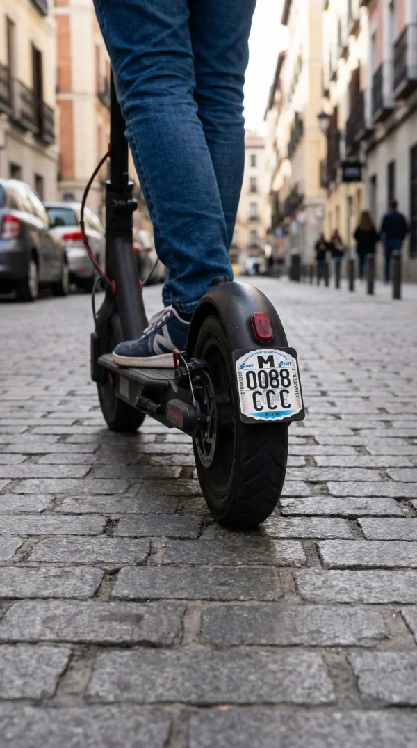 Patinete eléctrico con matrícula VMP instalada Patinete eléctrico con matrícula identificativa VMP instalada correctamente en España