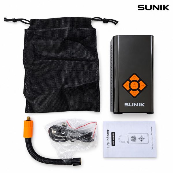 Inflador SUNIK con bolsa, manguera, cable, accesorios y manual